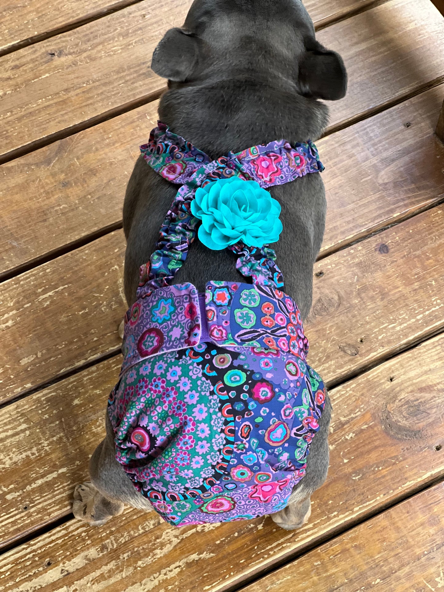 No Tail Hole Female FRENCH BULLDOG DIAPER Purple Paisley with suspenders bitch britches heat pants for dog mom