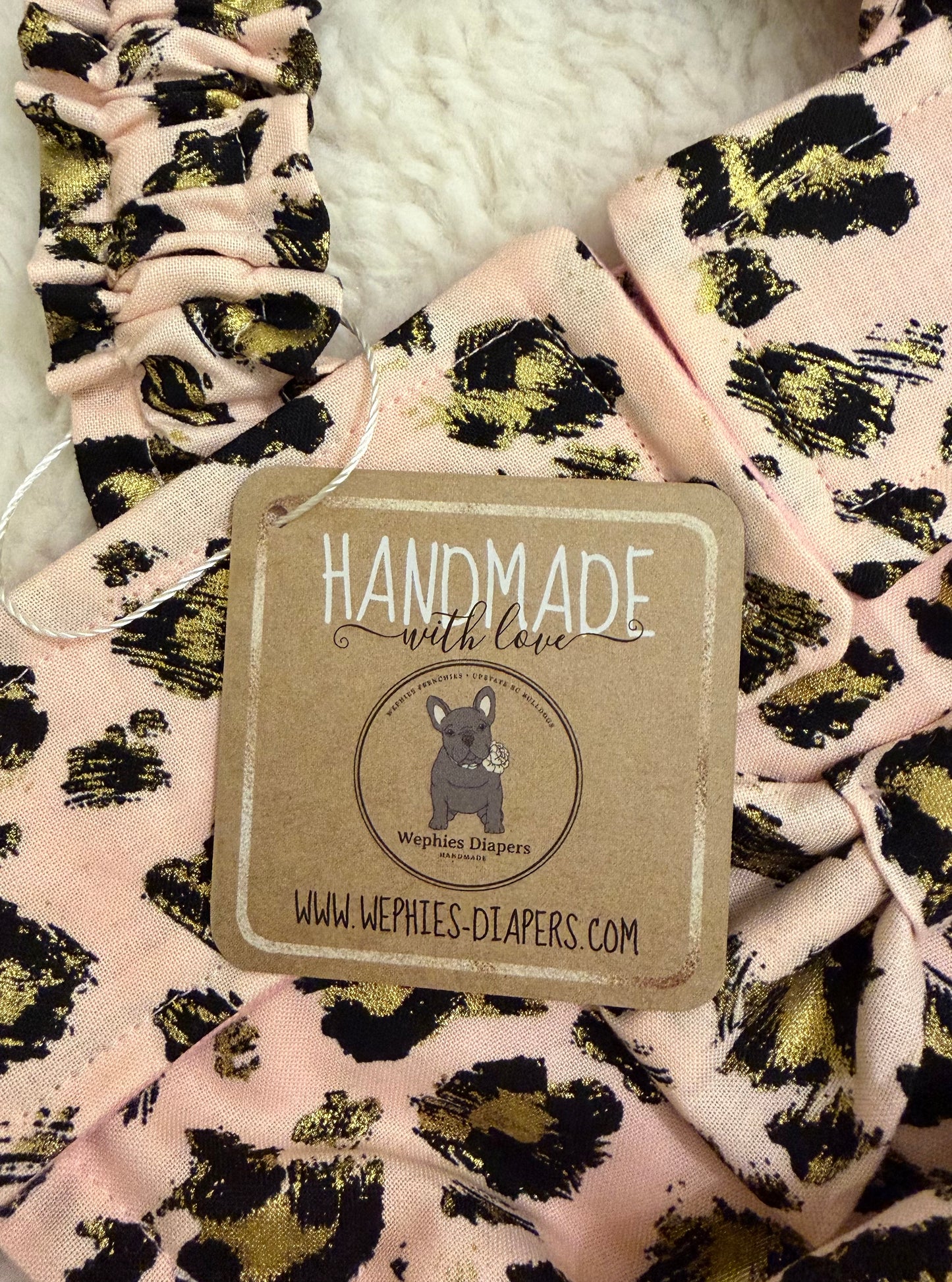 BOSTON TERRIER/ENGLISH BULLDOG DIAPER Pink Cheetah with suspender and handmade bow