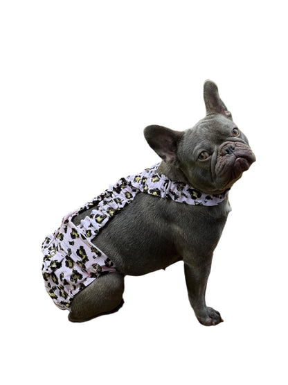 BOSTON TERRIER/ENGLISH BULLDOG DIAPER Pink Cheetah with suspender and handmade bow