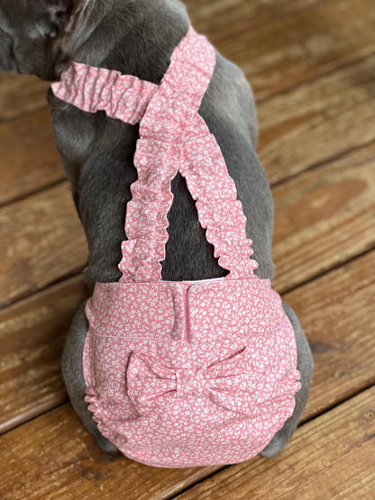 FRENCH BULLDOG DIAPER Cover for Females: Pink Sevenberry suspender britches heat pants with bow