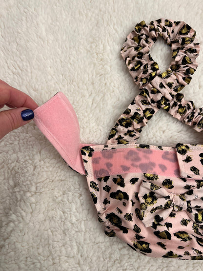 BOSTON TERRIER/ENGLISH BULLDOG DIAPER Pink Cheetah with suspender and handmade bow
