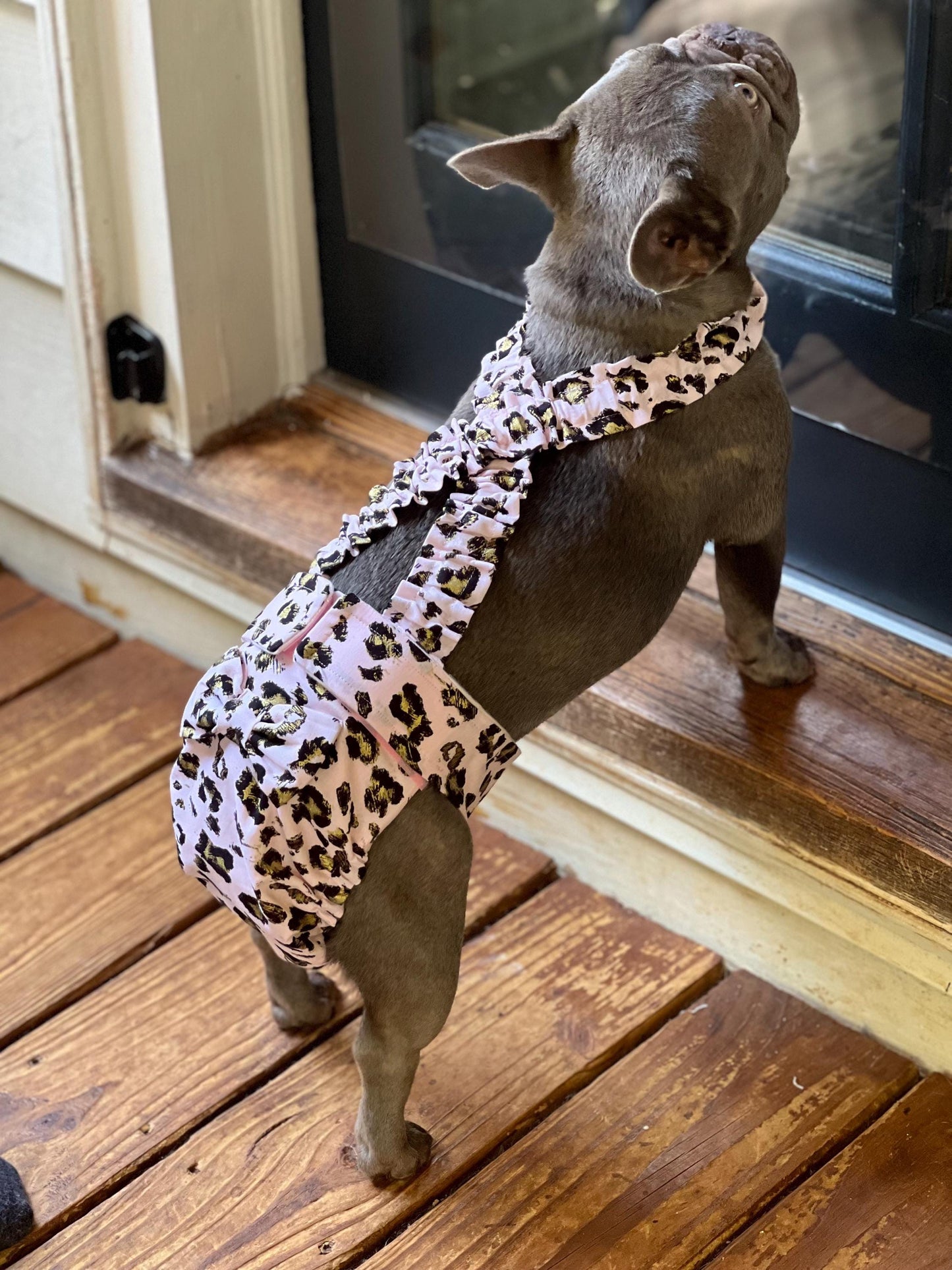 BOSTON TERRIER/ENGLISH BULLDOG DIAPER Pink Cheetah with suspender and handmade bow