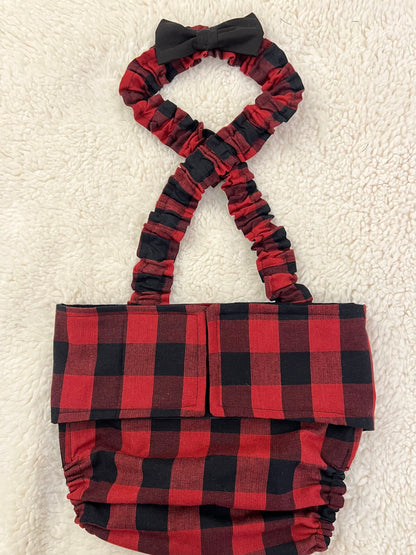 WEPHIES DIAPERS BELLY BAND DIAPER COVER FRENCH ENGLISH BULLDOG Buffalo Plaid with black bow tie and suspenders