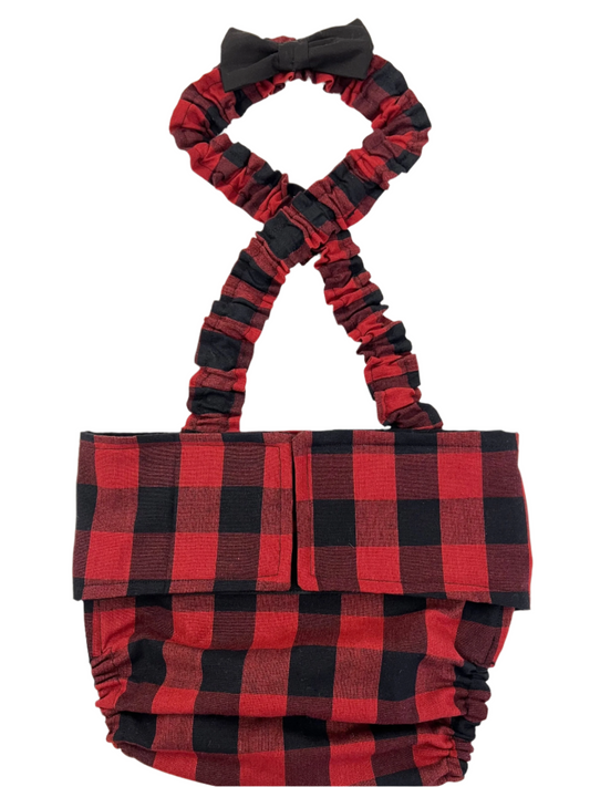 WEPHIES DIAPERS BELLY BAND DIAPER COVER FRENCH ENGLISH BULLDOG Buffalo Plaid with black bow tie and suspenders