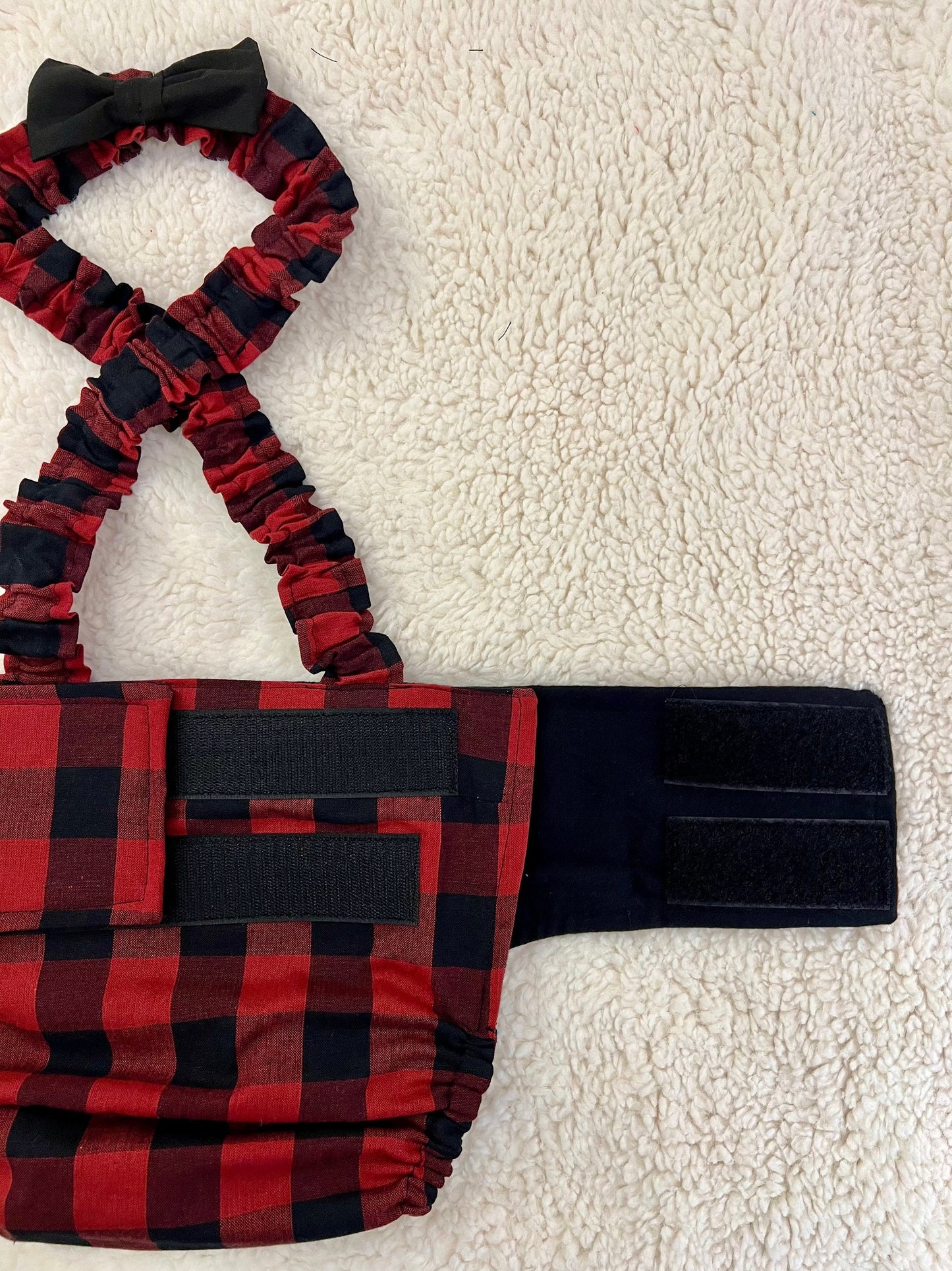 WEPHIES DIAPERS BELLY BAND DIAPER COVER FRENCH ENGLISH BULLDOG Buffalo Plaid with black bow tie and suspenders