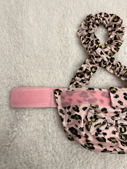 BOSTON TERRIER/ENGLISH BULLDOG DIAPER Pink Cheetah with suspender and handmade bow