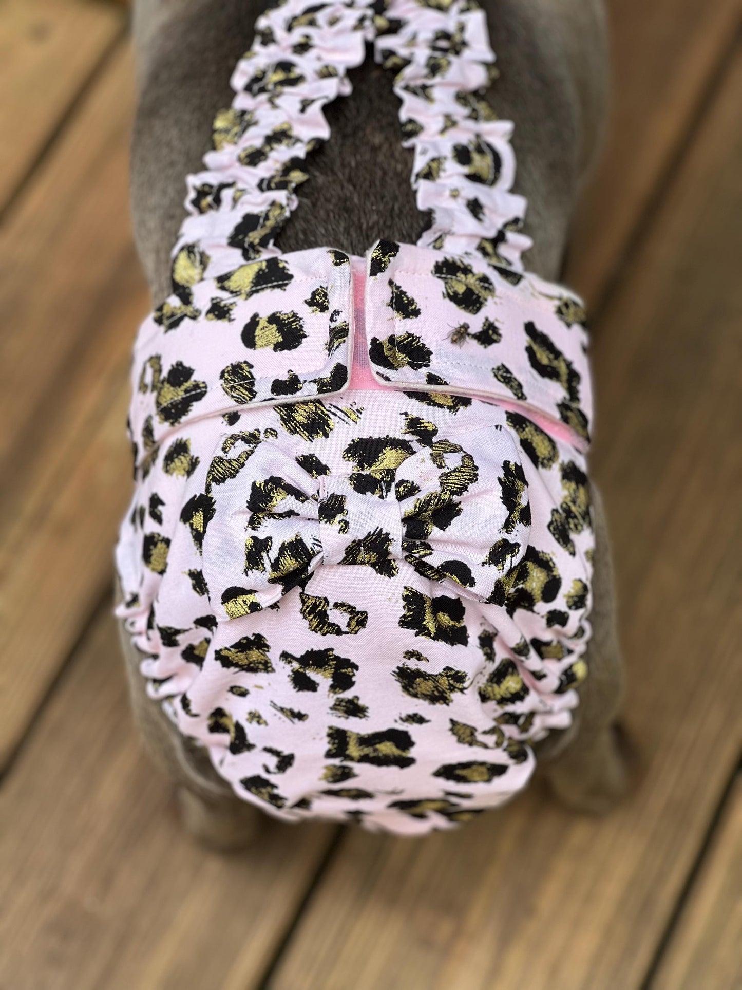 BOSTON TERRIER/ENGLISH BULLDOG DIAPER Pink Cheetah with suspender and handmade bow
