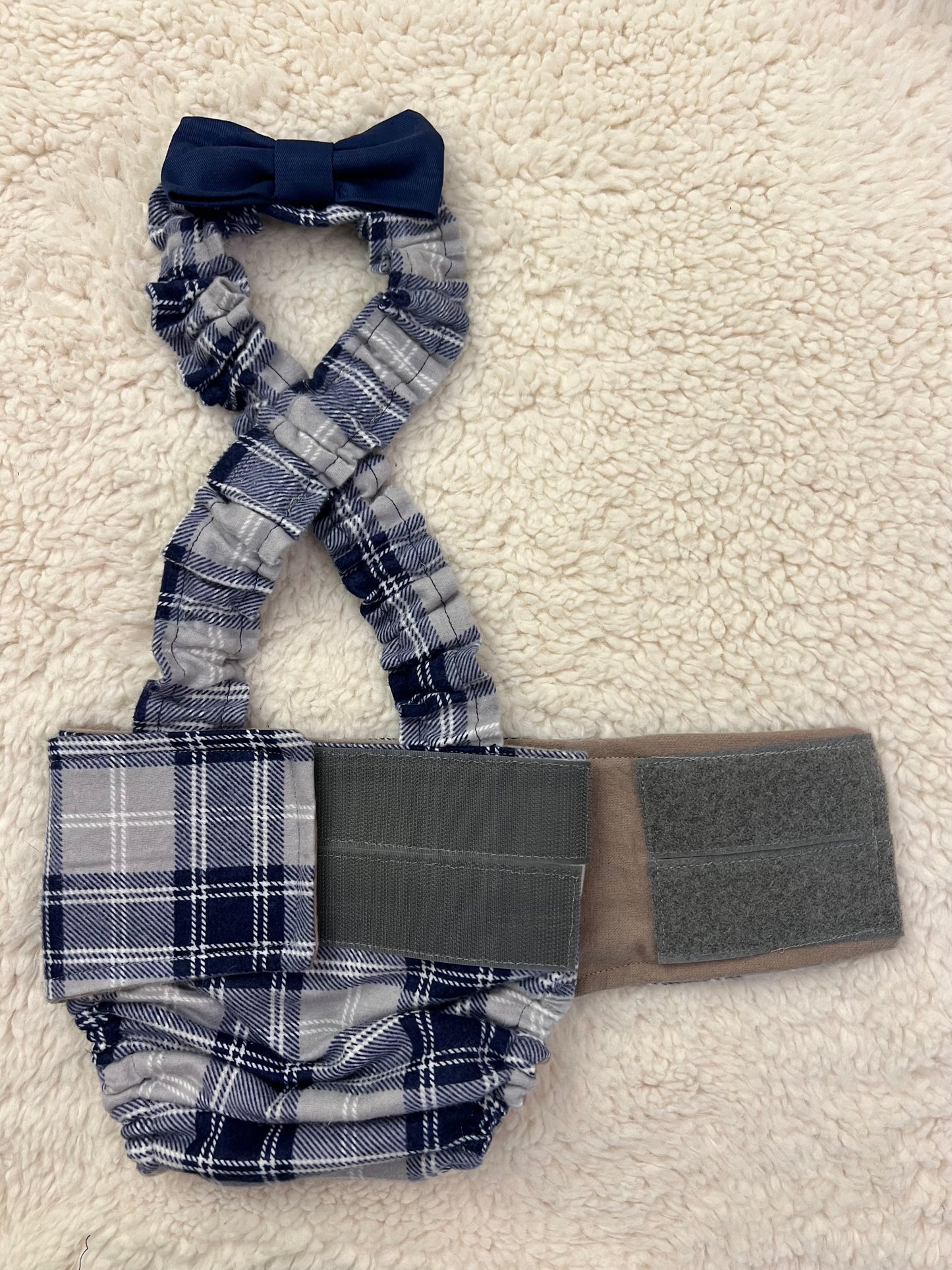 WEPHIES DIAPERS BELLY BAND DIAPER COVER FRENCH ENGLISH BULLDOG Plaid Blue Gray Flannel with navy bow tie and suspenders