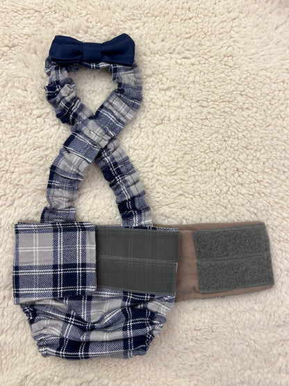 WEPHIES DIAPERS BELLY BAND DIAPER COVER FRENCH ENGLISH BULLDOG Plaid Blue Gray Flannel with navy bow tie and suspenders