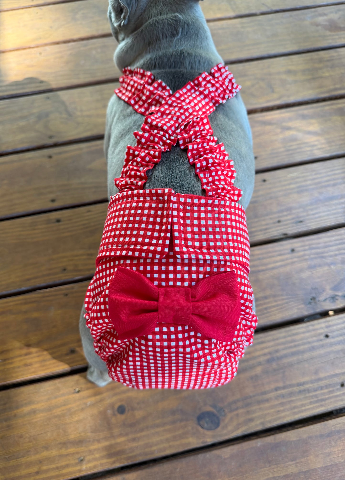 FRENCH BULLDOG DIAPERS with Suspenders (No tail hole): Reusable Washable Dog Diaper Cover for Female in Heat/Incontinence - Red Gingham Set of 2 - Wephies
