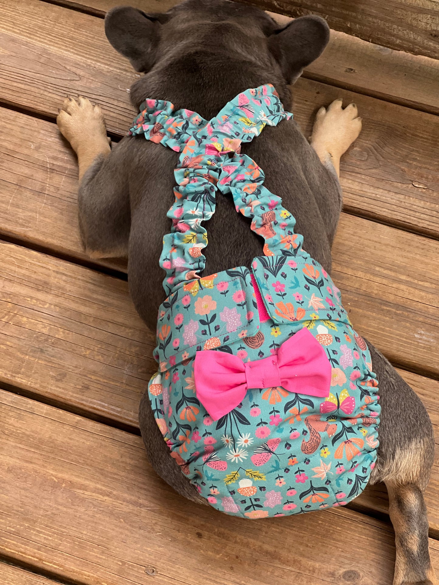 Dog wearing a floral harness with a pink bow 