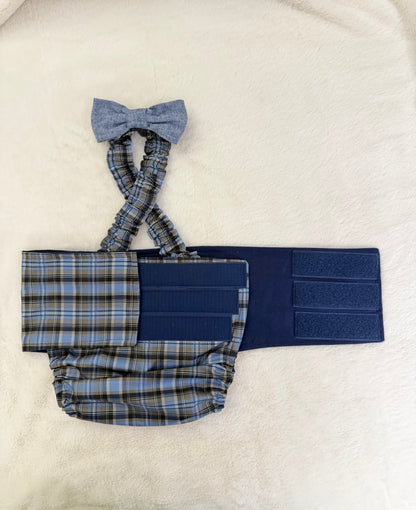 Pañal cubre vientre para bulldog francés inglés macho, cuadros estilo búfalo, con tirantes y lazo negro, lavable para incontinentes