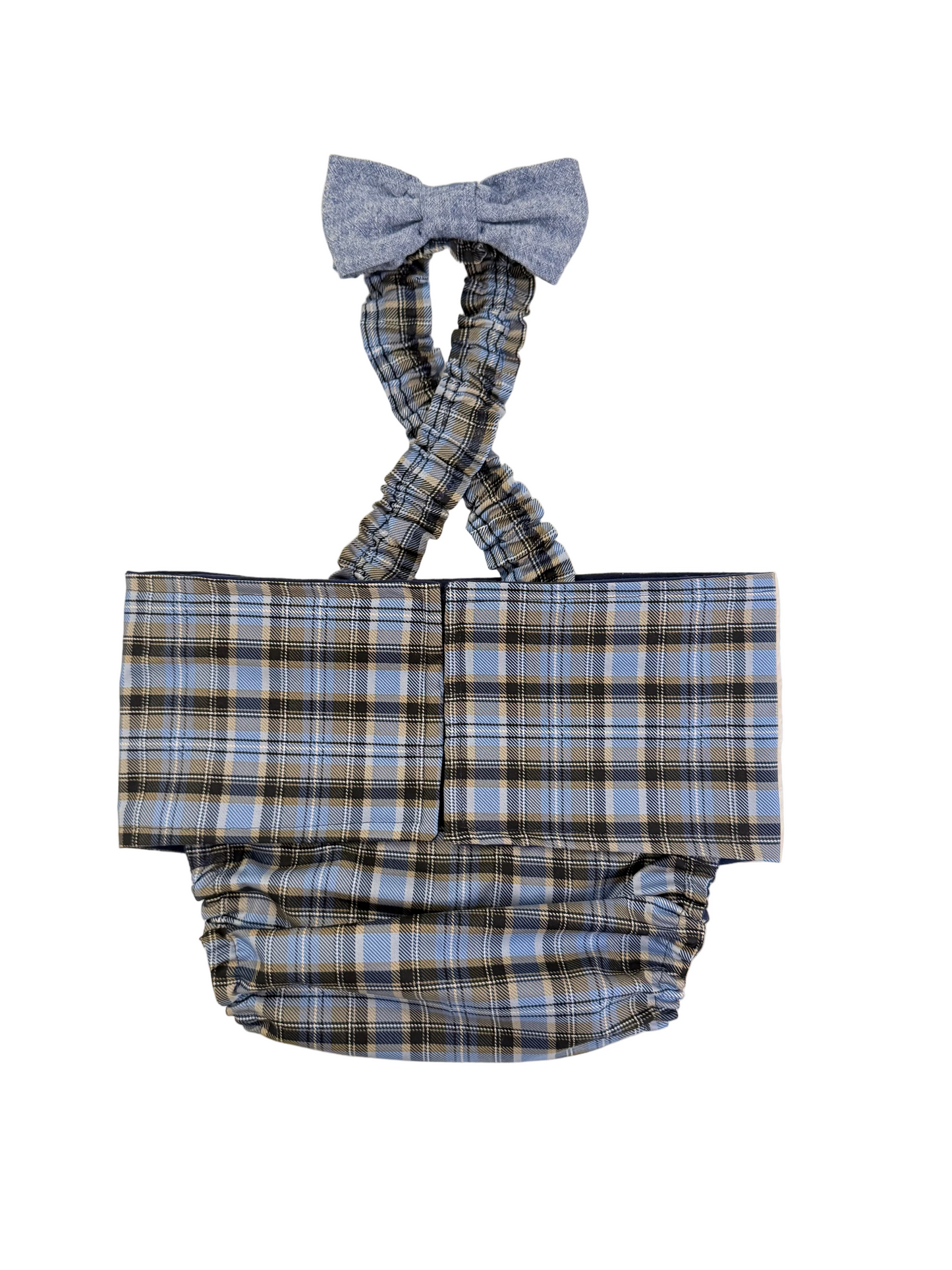 Pañal cubre vientre para bulldog francés inglés macho, cuadros estilo búfalo, con tirantes y lazo negro, lavable para incontinentes