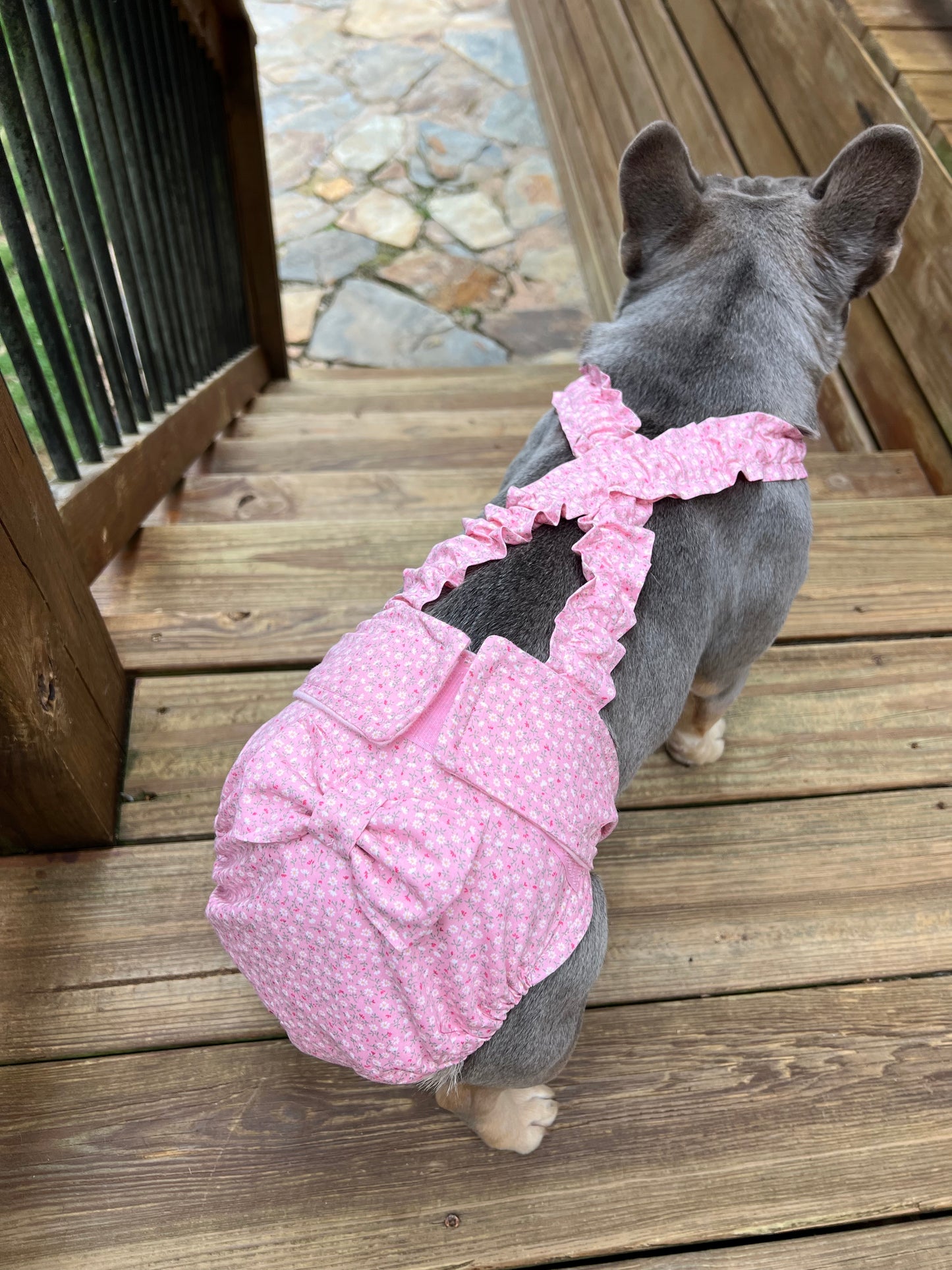 FRENCH BULLDOG DIAPER Cover for Females: Pink Sevenberry suspender britches heat pants with bow