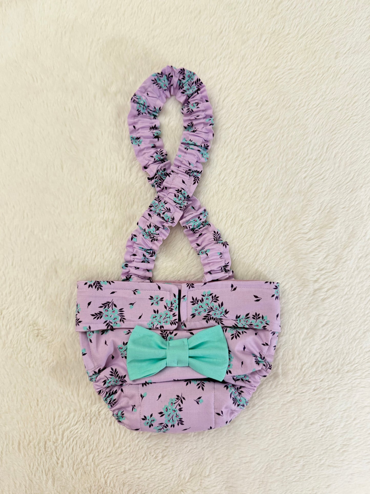 French Bulldog/ English Bulldog Washable Dog Diaper with Suspenders  - Lavender Bloom w Bow - Wephies