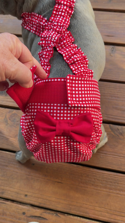 FRENCH BULLDOG DIAPERS with Suspenders (No tail hole): Reusable Washable Dog Diaper Cover for Female in Heat/Incontinence - Red Gingham Set of 2 - Wephies