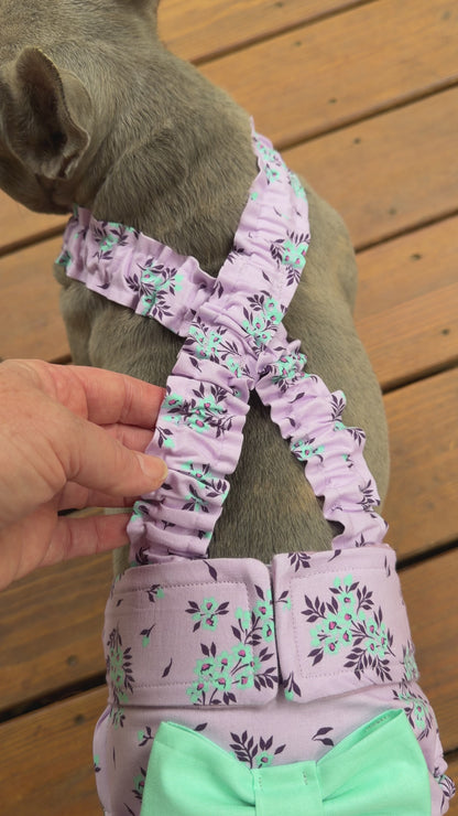 French Bulldog/ English Bulldog Washable Dog Diaper with Suspenders  - Lavender Bloom w Bow - Wephies