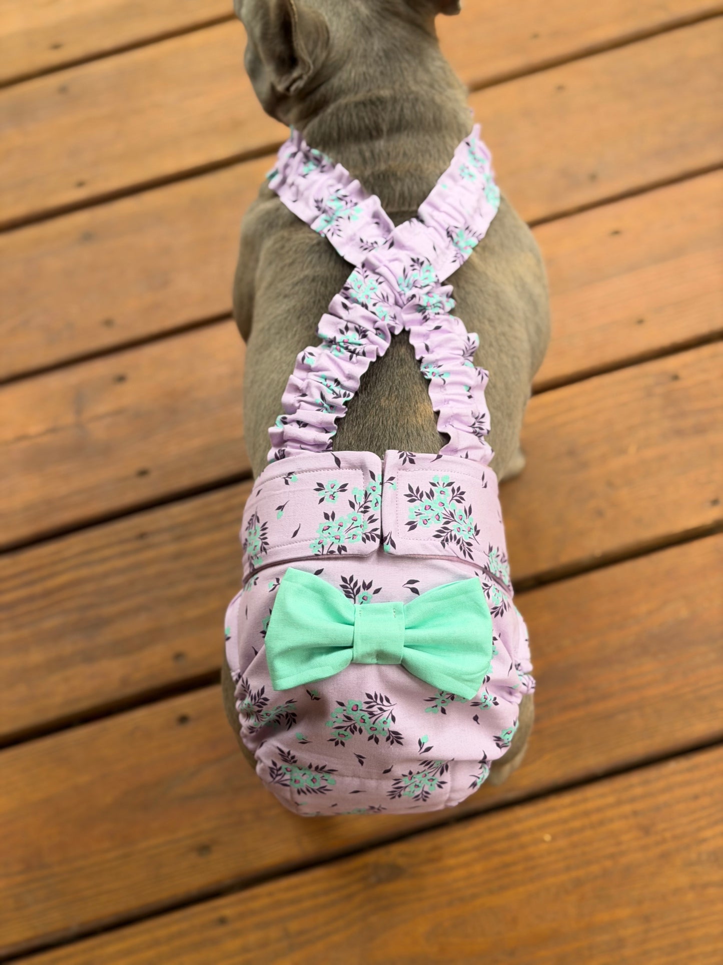 French Bulldog/ English Bulldog Washable Dog Diaper with Suspenders  - Lavender Bloom w Bow - Wephies