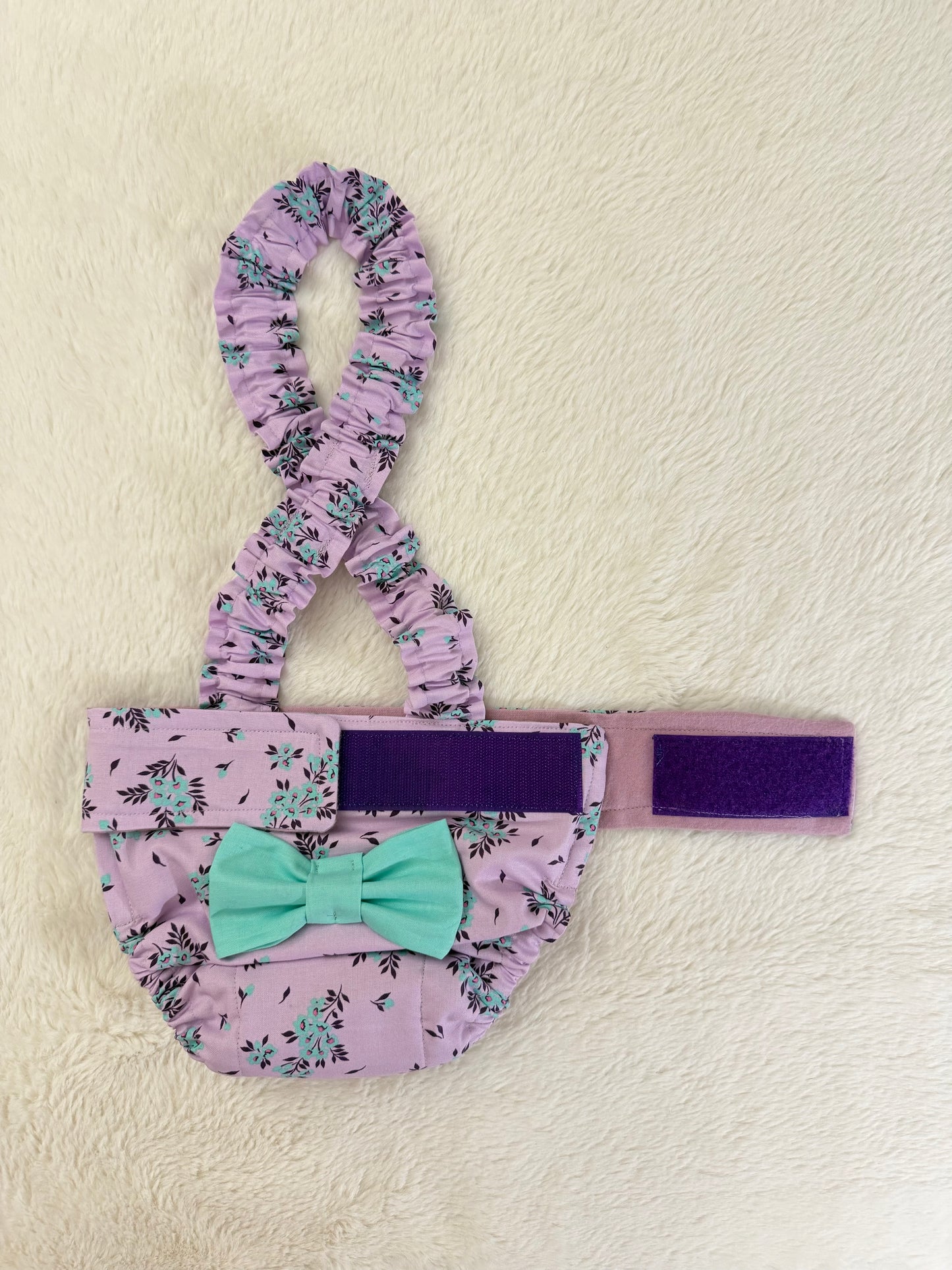 French Bulldog/ English Bulldog Washable Dog Diaper with Suspenders  - Lavender Bloom w Bow - Wephies